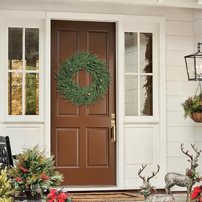 24 Inch Pine Wreath Christmas Wreaths for Front Door, Real Touch Pine Wreath with Red Berries Artificial Green Wreaths for Walls Windows Porches Farmhouse Indoor Outdoor Home Decor