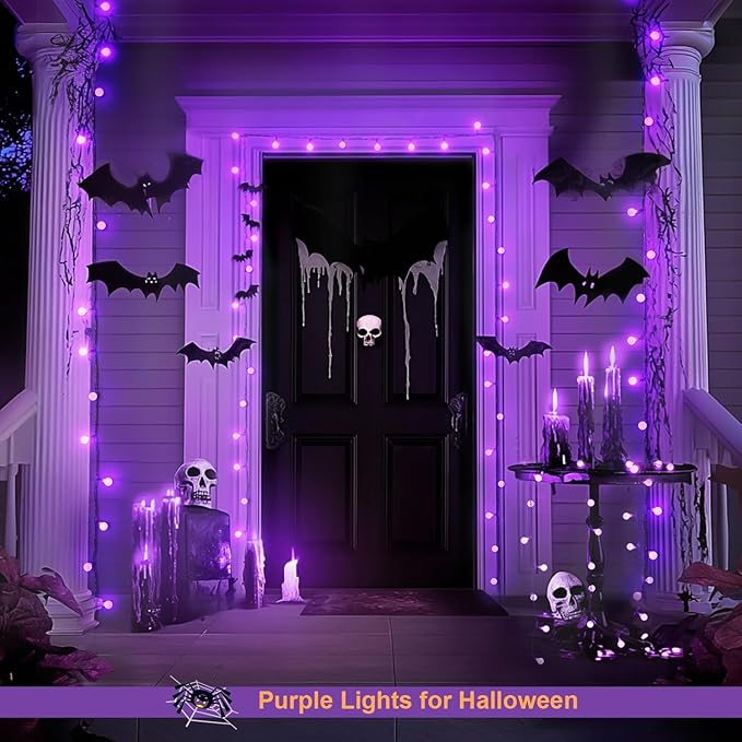 JMEXSUSS Purple Halloween Lights, 33ft with 8 Modes Remote, 100 LED Globe String Lights Outdoor Battery Operated for Halloween Bedroom Party Christmas Decor