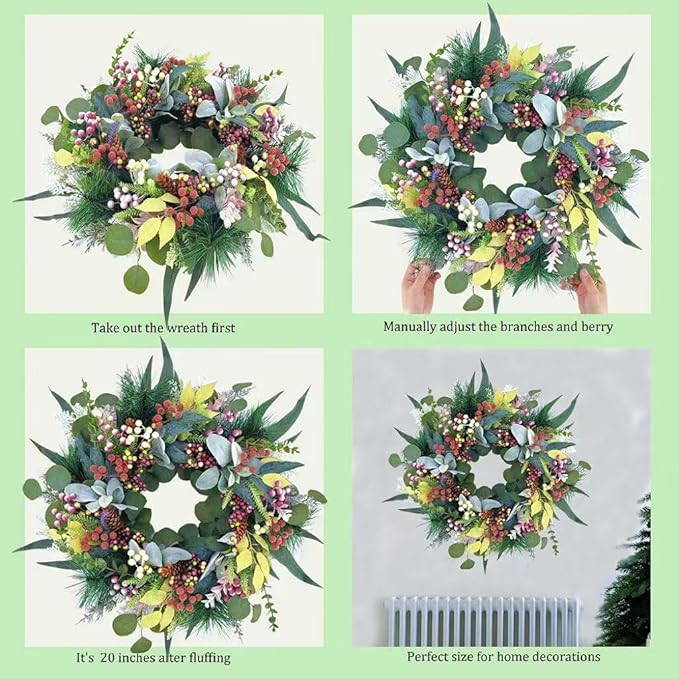 20 inch Green Christmas Wreath for Front Door,Window, Porch, Farmhouse, Indoor and Outdoor Home Decoration