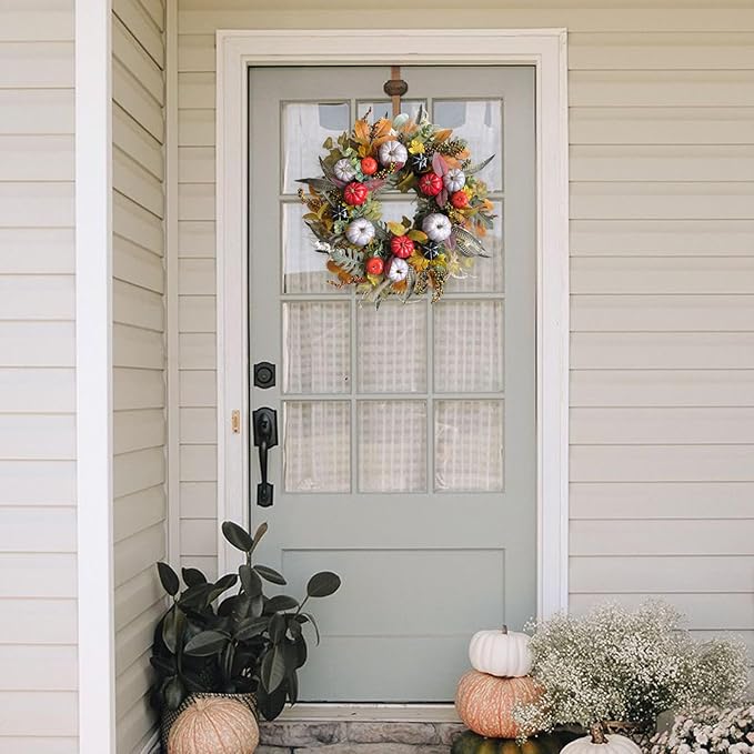 TEMPUS 24 Inch Fall Wreath Artificial Pumpkin & Grain Decor - Handcrafted Harvest Thanksgiving Wreath for Front Door, Wall, Farmhouse