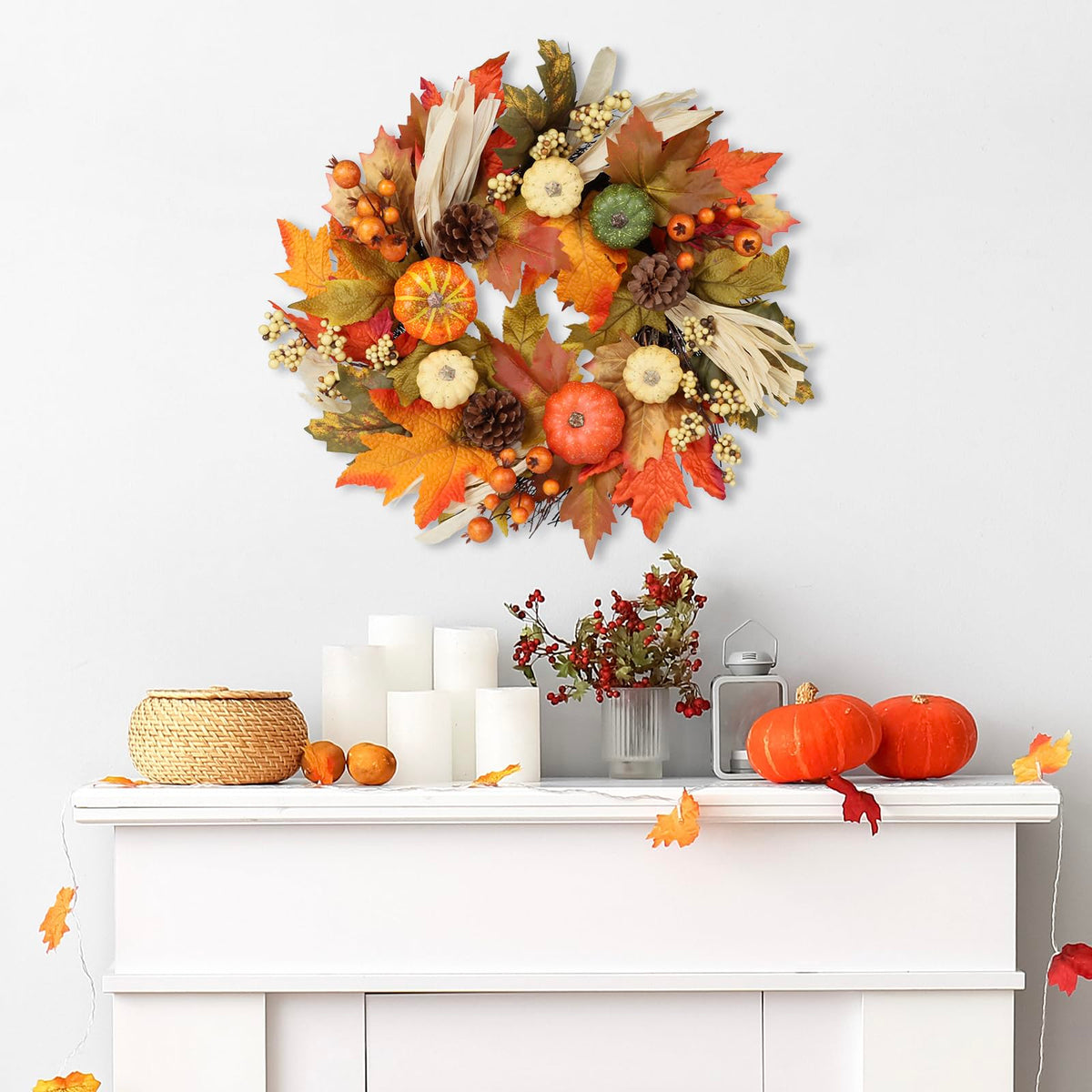 Fall Wreaths for Front Door, 20inchs Autumn Wreath with Hangers Pumpkin Maple Autumn Harvest Wreath Fall Decorations for Home Ideal Thanksgiving Decorations Wall Window Party Decor Indoor Outdoor