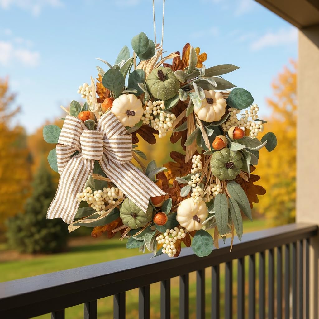 22in Fall Wreaths for Front Door, Large Autumn Door Wreath with Bow Pumpkin Autumn Wreath Decorations, Artificial Leaves Wreaths for Indoor Outdoor Home Porch Thanksgiving Farmhouse