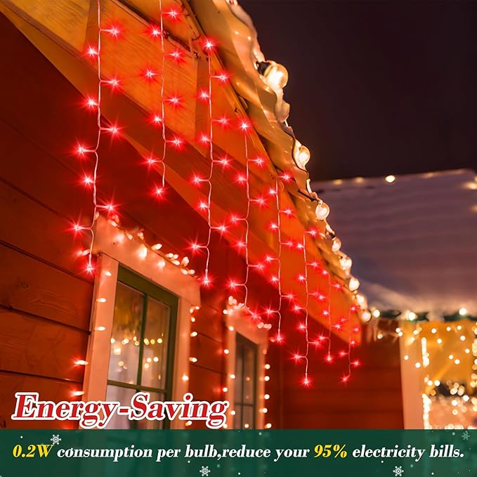 XURISEN 132ft Christmas Lights Decorations Outdoor, 1280 LED 8 Modes Fairy Lights with 240 Drops,Plug in Waterproof Timer Memory Function for Christmas Holiday Wedding Party Decor(Red)
