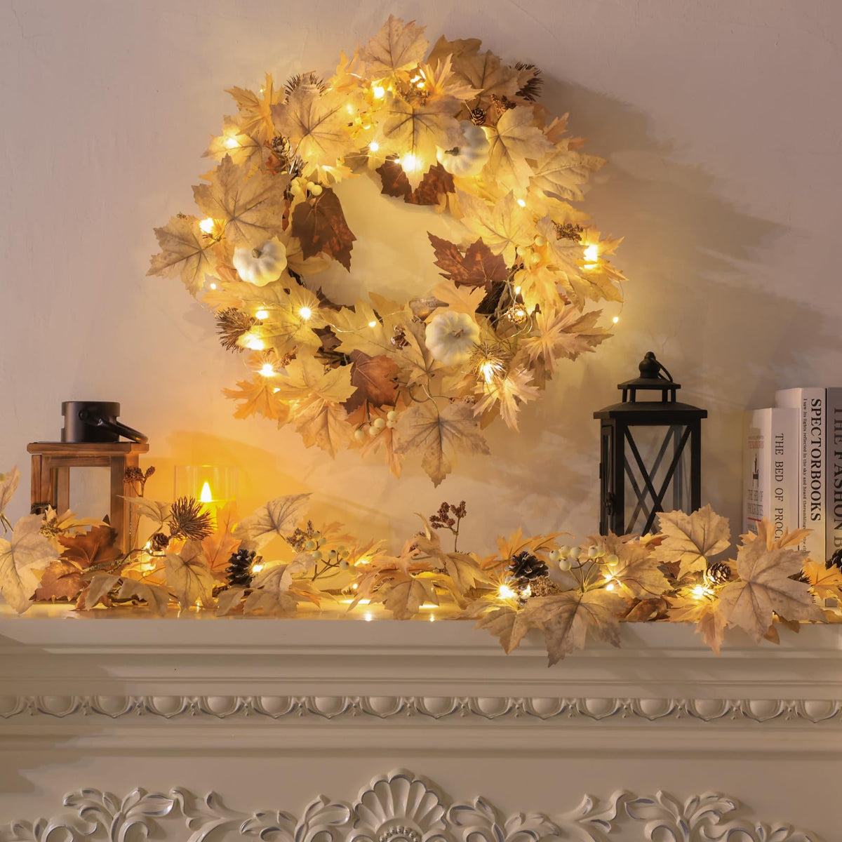 Realistic Fall Wreath with Lights, 22" Fall Wreaths for Front Door with Pumpkins Fall Leaves Berries Pine Cones,Autumn Wreath Fall Decorations for Home Thanksgiving Halloween Decorations for Wall Door