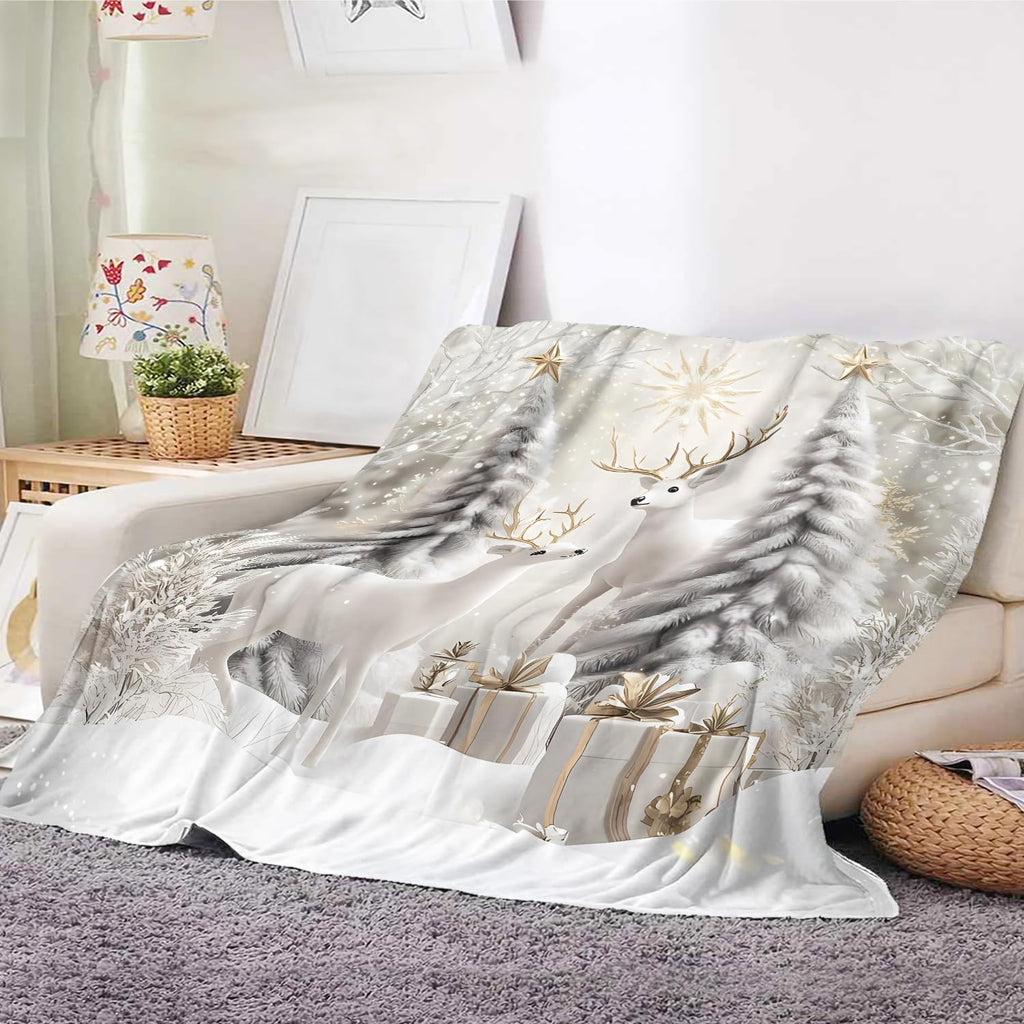 Christmas Reindeer Throw Blanket for Couch Bed Sofa Winter Holiday Cozy Christmas Tree Flannel Blanket with Snow Scene Deer and Pine Trees Farmhouse Christmas Decor Xmas Gifts (Xmas 1, 50''x60'')