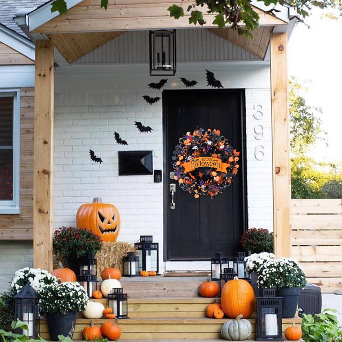 22 Inch Halloween Orange Black Boxwood Wreath with Ghost Spider for Front Door, Soft Touch Boxwood Berries Wreath for Indoor Outdoor, Happy Halloween Sign Wreaths for Home Decor