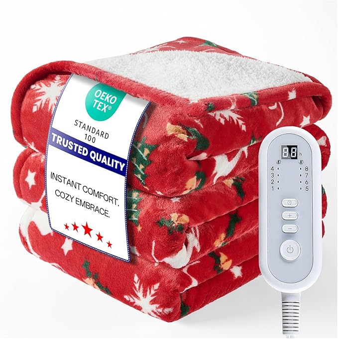Heated Blanket Twin Size, Electric Blanket with 1-10 hrs Timer Auto-Off & 8 Heating Levels, Flannel& Sherpa Heating Blanket with ETL Certified, Christmas Blanket Gifts Machine Washable (62x 84”, Red)