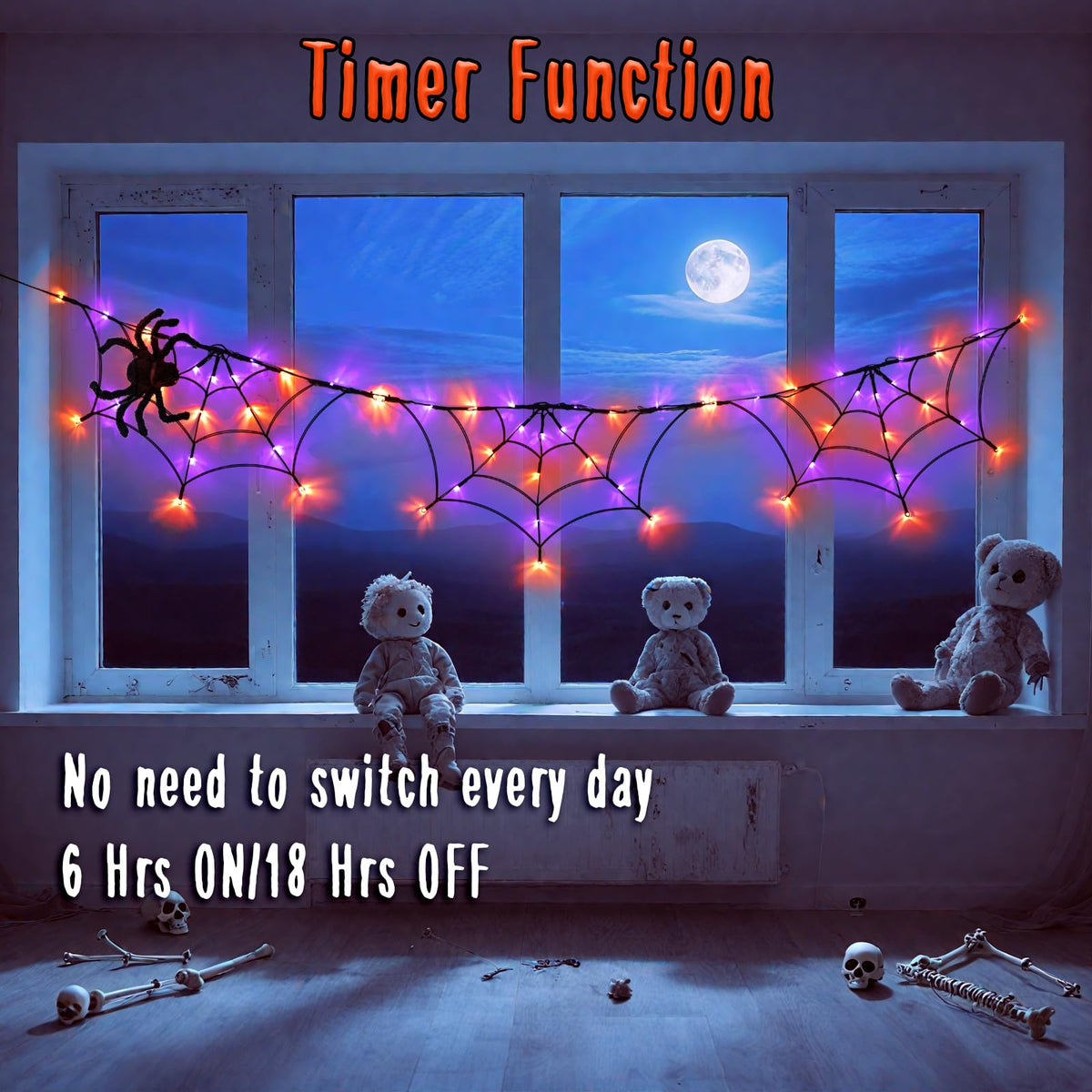 FFZZKJ Halloween Decorations Spider Web Lights 6FT 60LED Battery Operated/USB Powered with Black Spider with Timer 8 Modes Indoor Outdoor for Halloween Decor, Orange&Purple
