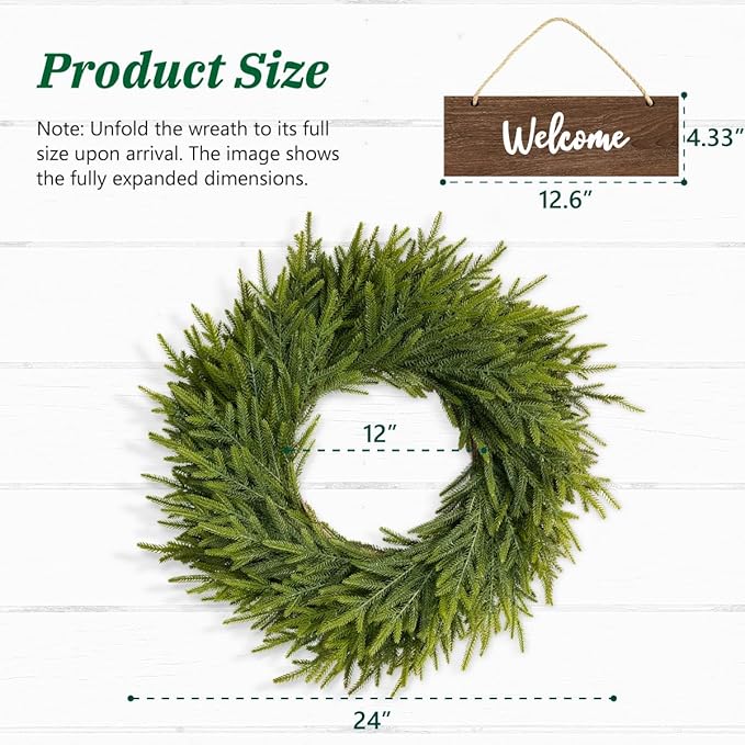 24 Inch Real Touch Christmas Wreath for Front Door, Norfolk Pine Wreath with Welcome Sign, Large Artificial Green Wreath Home Indoor, Porch, Fireplace, Wall, Windows, Outdoor Decor
