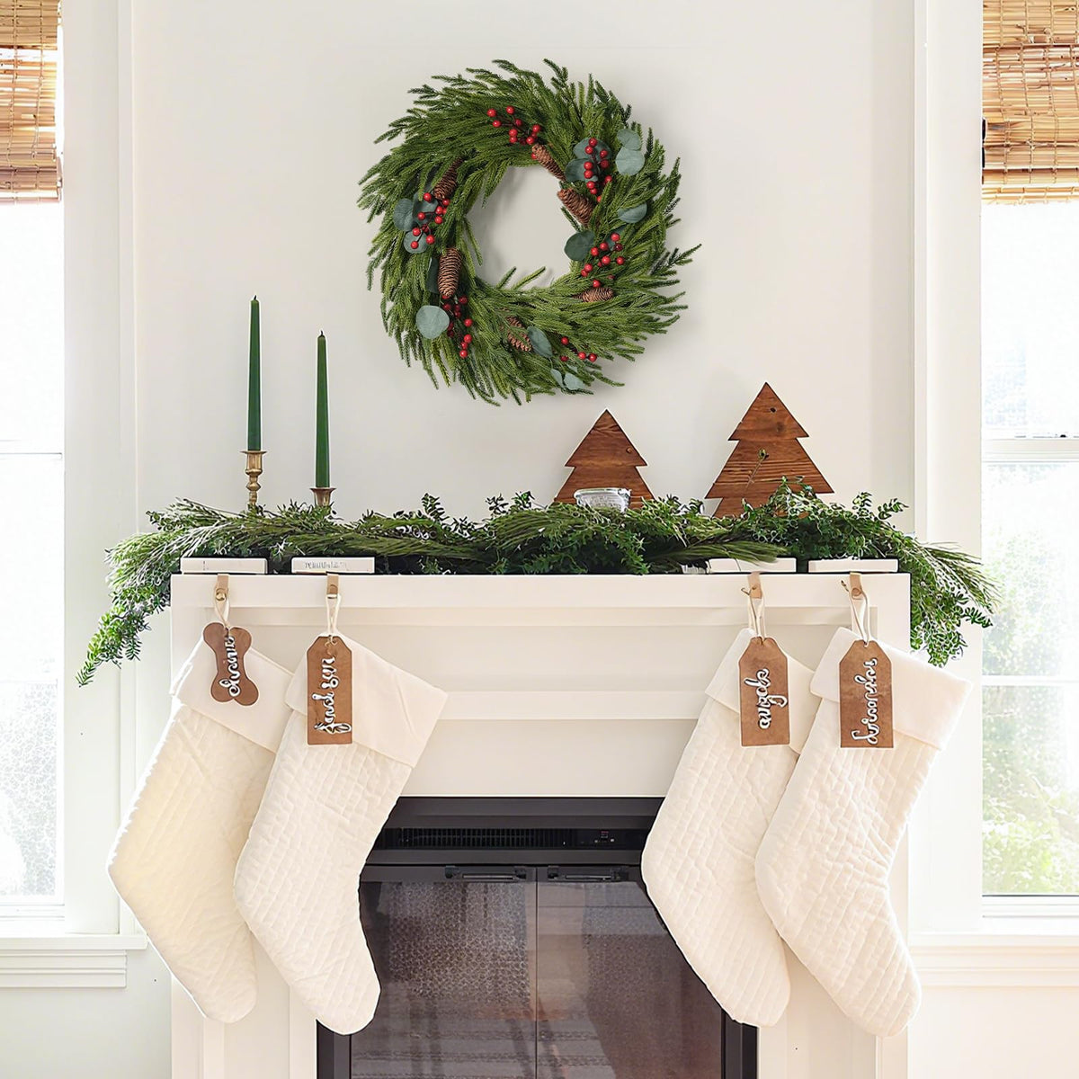 Christmas Decorations - 22 Inch Artificial Norfolk Pine Christmas Wreath with Pine Cones, Eucalyptus, and Red Berries Perfect for Front Door - Indoor Outdoor Holiday Decor for Mantle, Wall, Window