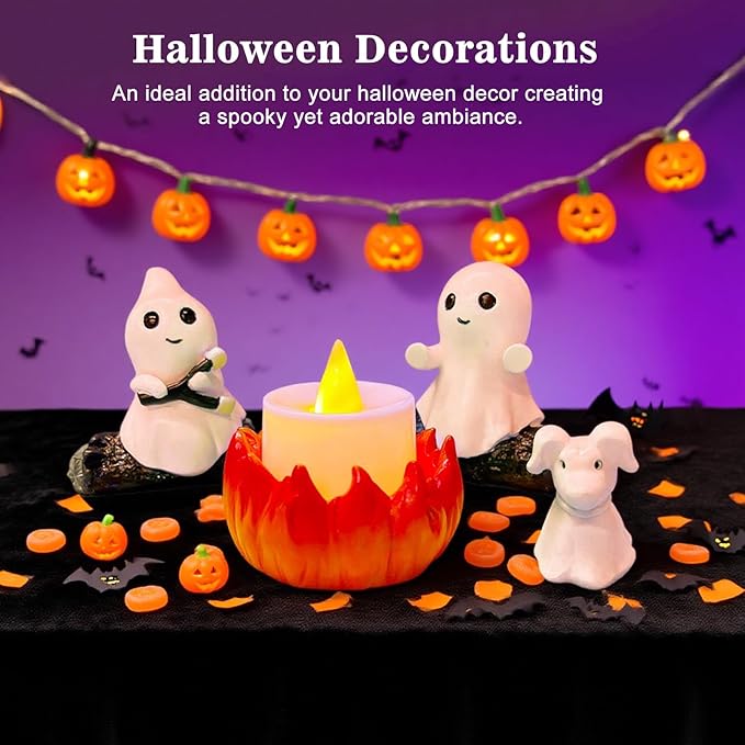 SOMITO 2025 Ghost Campfire Nightlight, Cute Halloween Ghost Figurine, Spooky Ghost Halloween Decorations, Adorable Halloween Decor Indoor for Home Mantel Tabletop Party (with Dog)