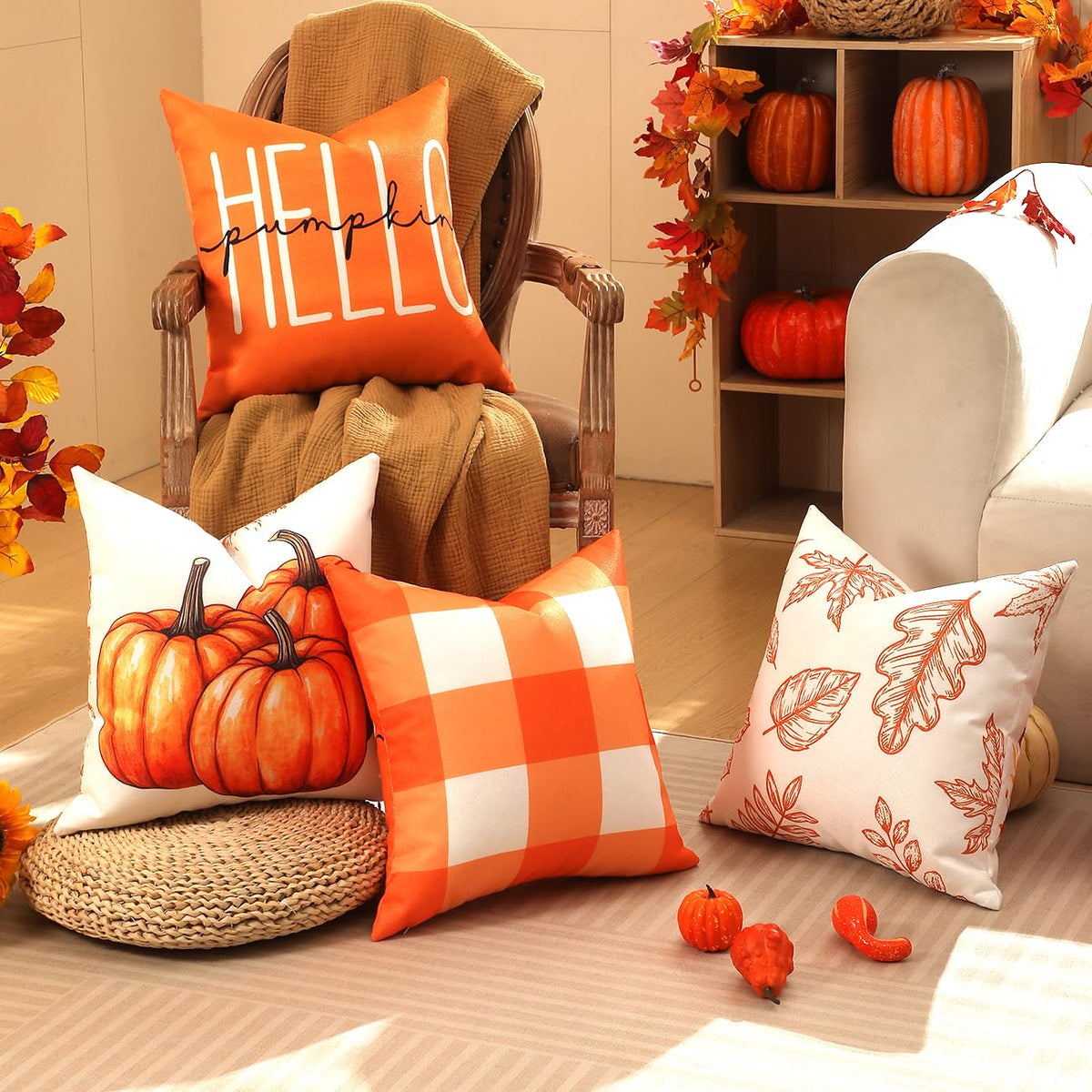 TOYPOPOR Fall Decorations for Home, 4 Packs Double Sided Throw Pillow Covers, Buffalo Plaid Thanksgiving Front Porch Farmhouse Cushion Cases Indoor Outdoor Autumn Decor for Couch, Living Room 18x18