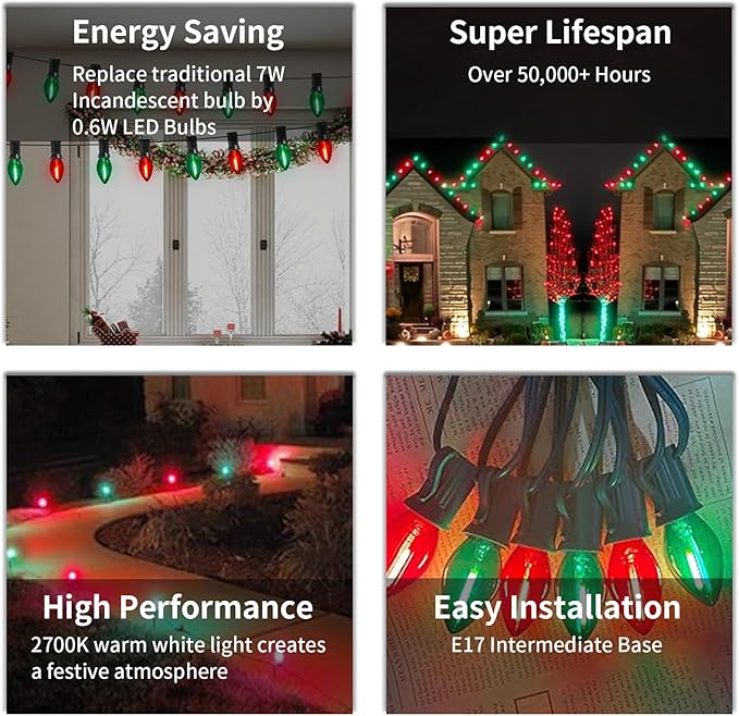 25Ft C9 LED Christmas Lights Outdoor Indoor, Clear Red Green Vintage String Lights, Connectable Dimmable Holiday Decor for Xmas Tree Roofline Patio Backyard Cafe, 25 Bulbs