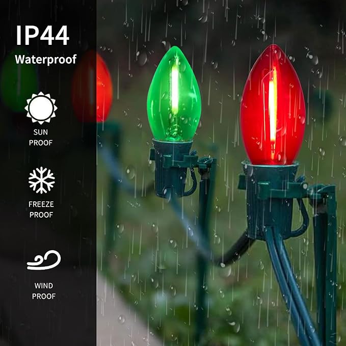 25Ft C9 LED Christmas Lights Outdoor Indoor, Clear Red Green Vintage String Lights, Connectable Dimmable Holiday Decor for Xmas Tree Roofline Patio Backyard Cafe, 25 Bulbs