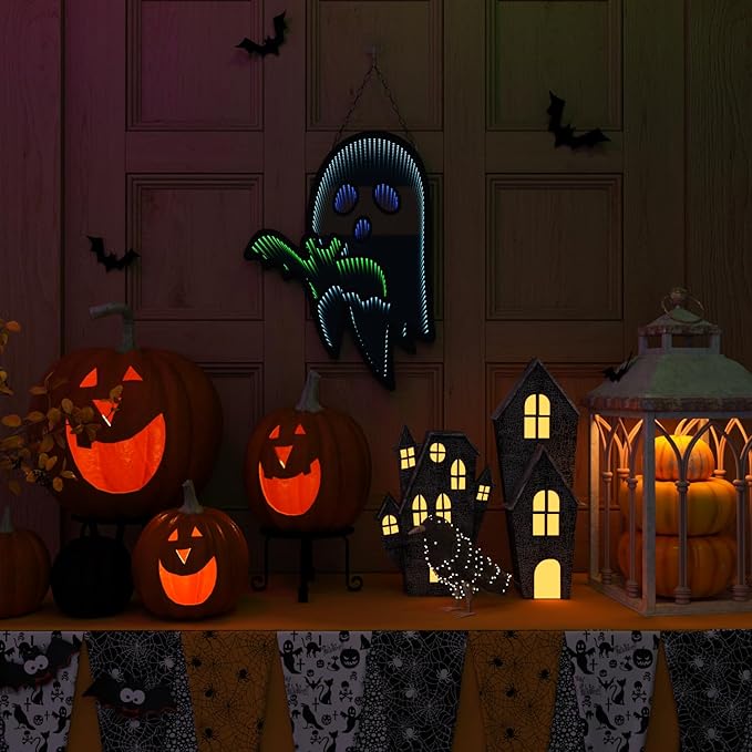 Halloween Ghost Night Lights, 3D Infinite Mirror Ghost Light with Bat, 12.2" x 16.54" LED Lighted Halloween Indoor Decoration for Kids Party Windows Doors Walls, Battery/USB & Plug-in Lights Sign