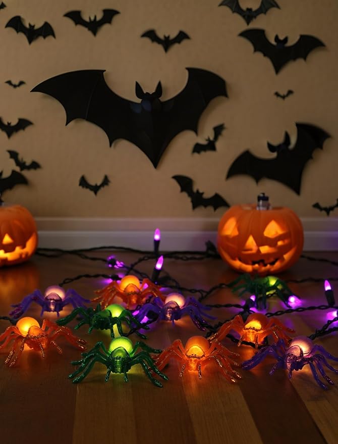 7Ft Halloween Spider String Lights, Halloween Decorations Lights with 10 LED Colorful Spider Lights 15 Mini Purple Bulbs, Hanging Fairy Lights for Outdoor Curtain Garden Porch Bar Party Bedroom Decor
