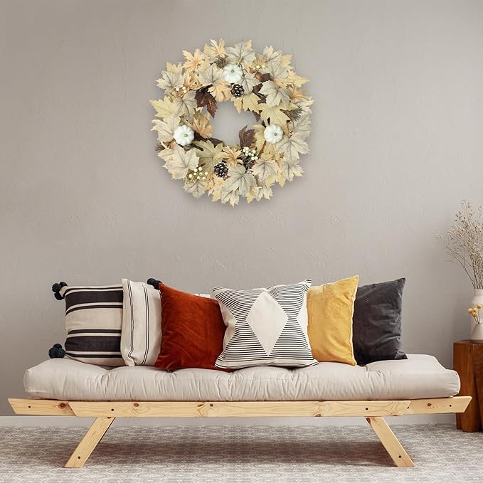 Realistic Fall Wreath with Lights, 22" Fall Wreaths for Front Door with Pumpkins Fall Leaves Berries Pine Cones,Autumn Wreath Fall Decorations for Home Thanksgiving Halloween Decorations for Wall Door