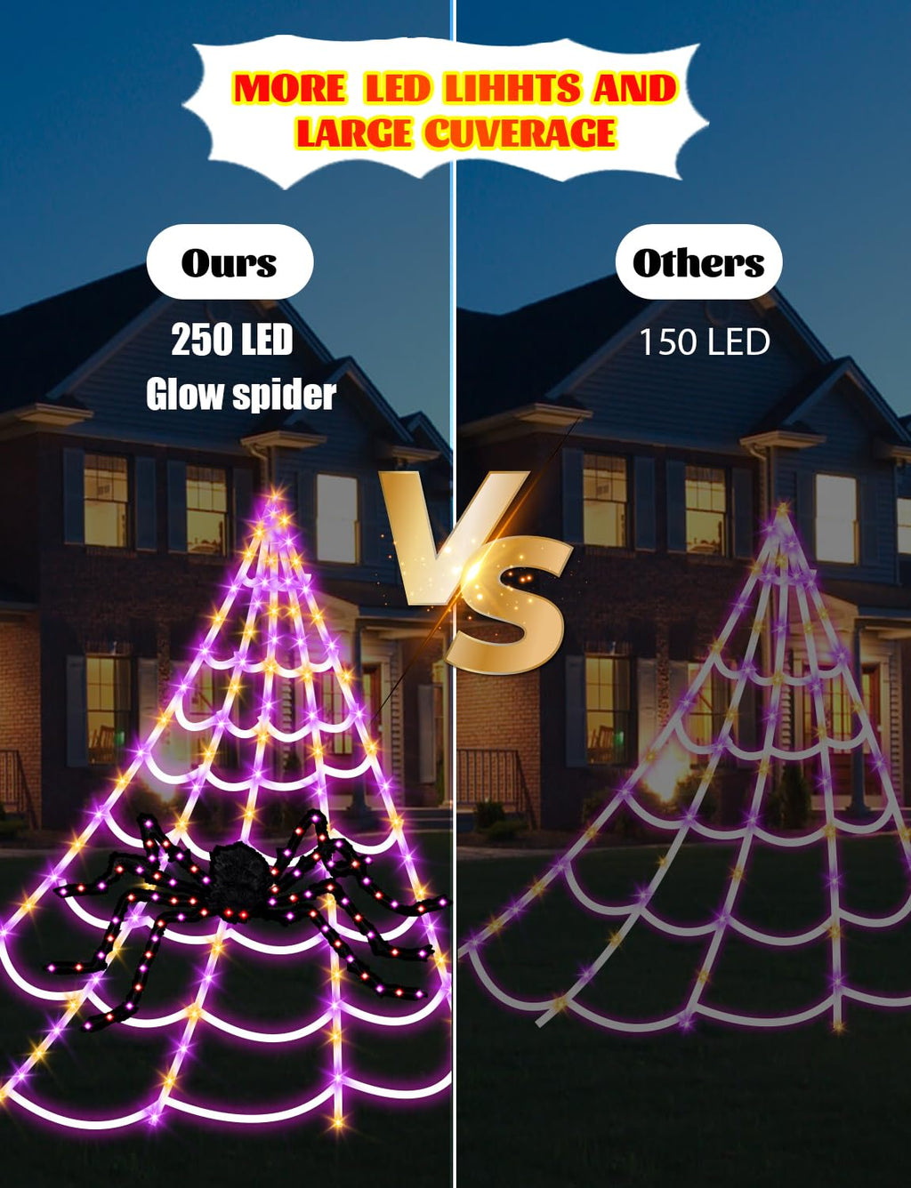 LCHUANG Spider Webs Halloween Decorations Lights - 250 LEDs Outdoor Halloween String Lights with 60" Light Up Spider,8 Modes Remote Control 16.4Ft Spiderweb,Waterproof (Orange+Purple)
