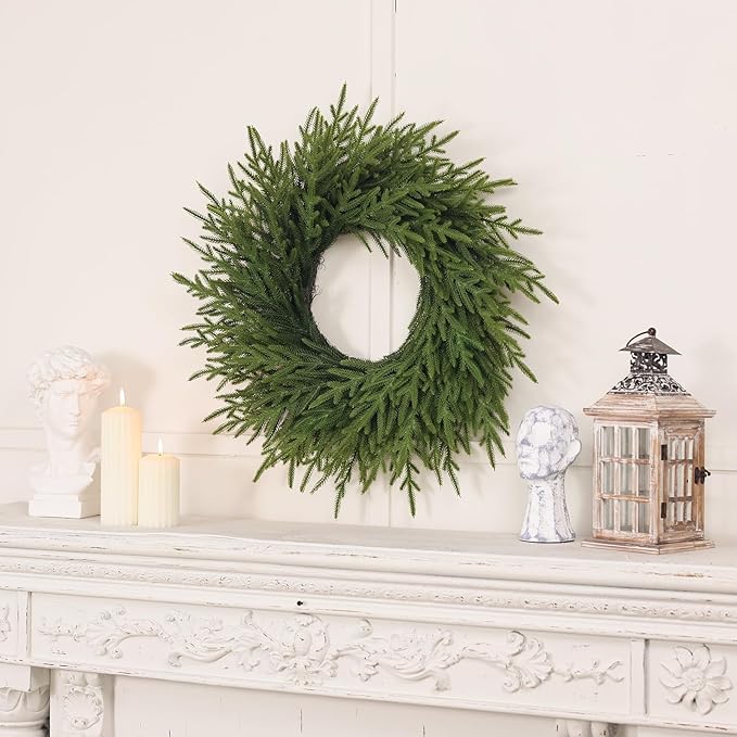 26" Norfolk Pine Wreath for Front Door, Artificial Christmas Wreaths Faux Green Fake Pine Needles Wreath for Front Door Wall Windows Indoor Outdoor Christmas Decor