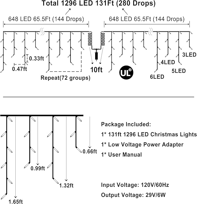 1296 LED 131FT Christmas Lights 288 Drops, Outdoor Hanging light with 8 Modes & Timer, Plug in Curtain String Light Outdoor Waterproof for House Tree Holiday Wedding Party Outside Decor (Warm White)