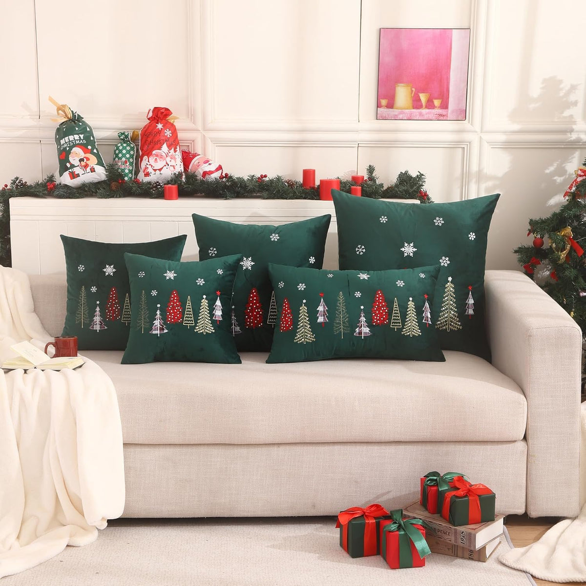 Tosleo Christmas Embroidery Throw Pillow Covers 24 x 24 inch Set of 2 Xmas Dec Velvet Pillowcases Forest Green Christmas Trees Cushion Pillow Cases Soft Square Holiday Pillowcase