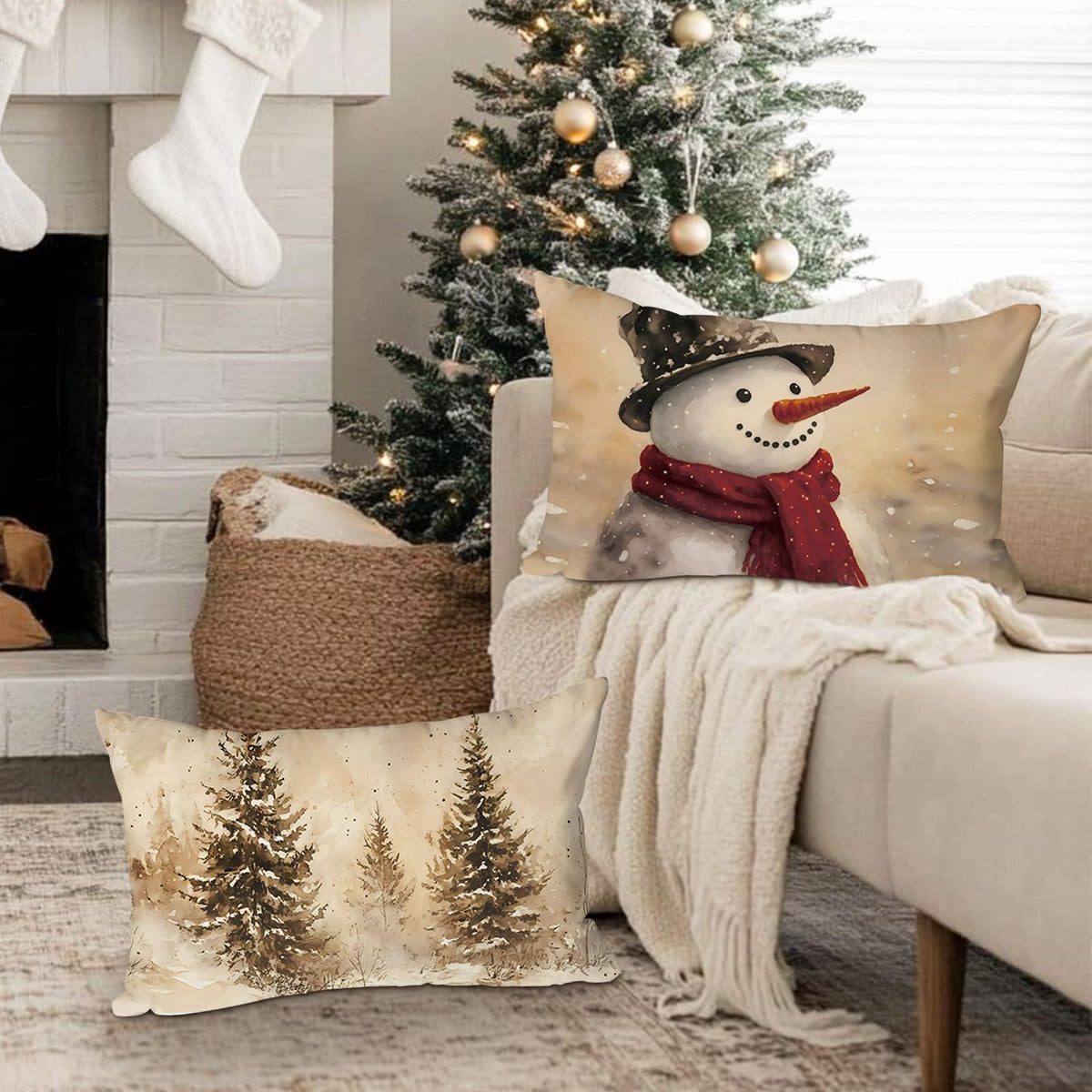 Lanpn 12x20 Christmas Throw Pillow Covers Set of 4, Snowman Santa Reindeer Lumbar Vintage Christmas Pillow Cover Pillowcase Xmas Holiday Decorative Pillow case for Indoor Home Sofa Couch Room Decor