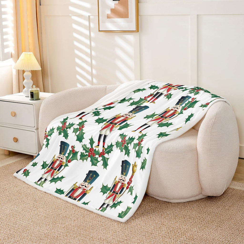 Feelyou Christmas Fleece Throw Blanket Throw 50"x60" Nutcracker Plush Blanket Snowflake Sherpa Santa Claus