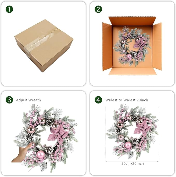 Pink Christmas Wreath 20 Inch Christmas Door Decorations Wreath Set of 2 with Christmas Balls, Pine Cones, Golden Twigs, Pine Needles and Silver Berries,Perfect for Front Door, Indoor Outdoor Use