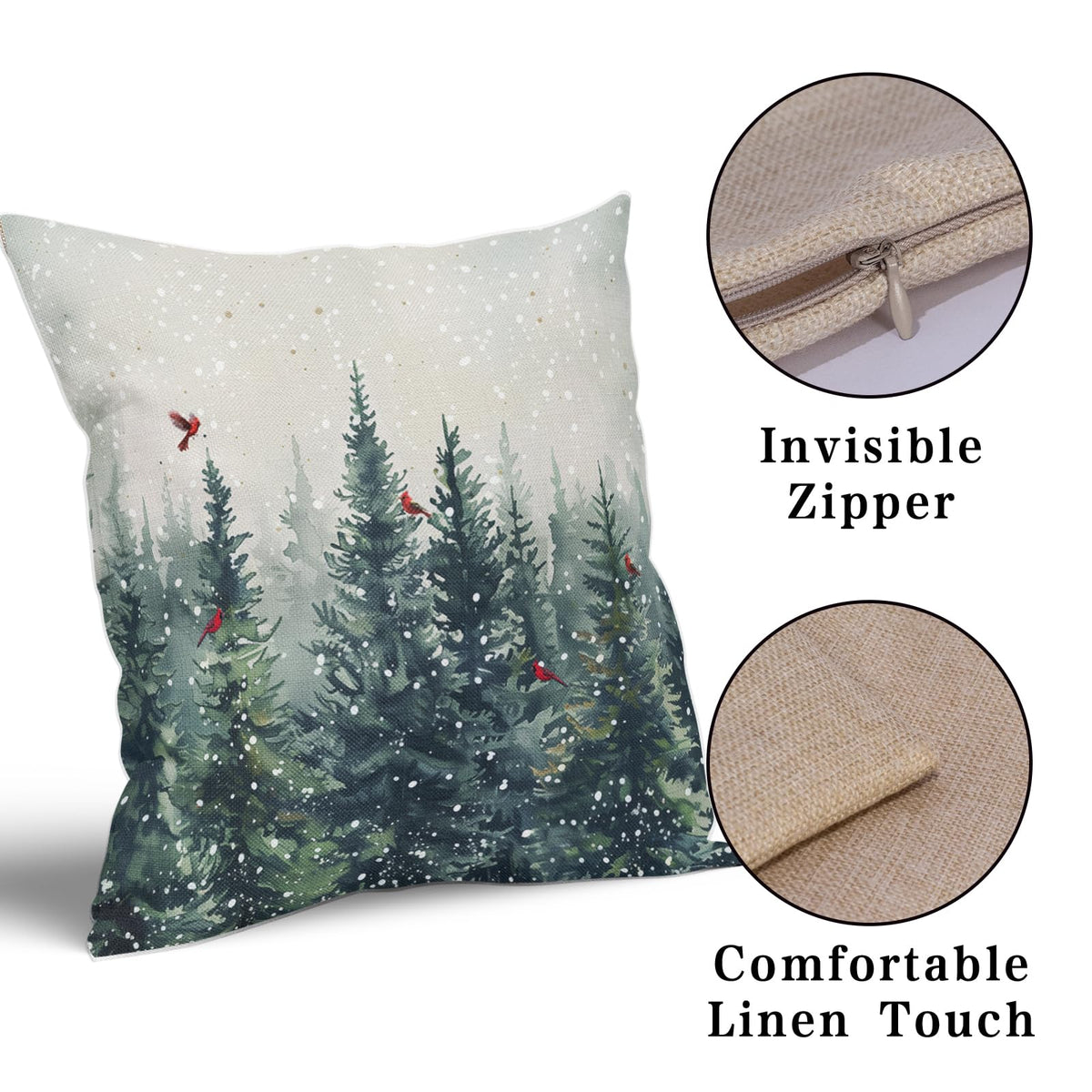 Evlaschin Winter Trees Throw Pillow Covers Set of 2 Watercolor Christmas Pine Tree Birds Decorative Pillowcases 18x18in Cotton Linen Double Sided for Couch Holiday Indoor Outdoor Farmhouse
