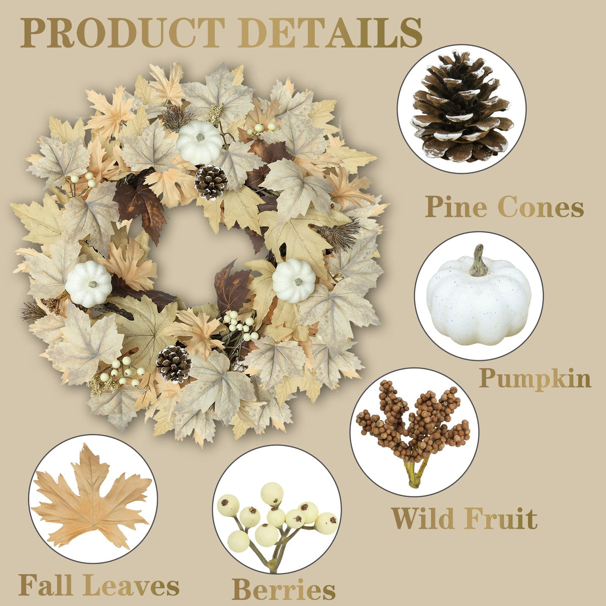 Realistic Fall Wreath with Lights, 22" Fall Wreaths for Front Door with Pumpkins Fall Leaves Berries Pine Cones,Autumn Wreath Fall Decorations for Home Thanksgiving Halloween Decorations for Wall Door