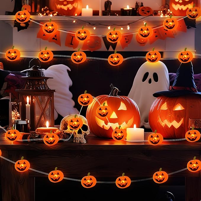 Halloween Pumpkin String Lights, 16 ft 50 LED Orange Battery Operated Lights for Lawns Garden Outdoor Holiday Party Decorations (1 Pack)