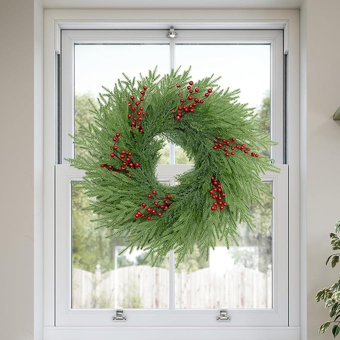 26 Inch Pine Wreath - Christmas Wreaths for Front Door - Real Touch Pine Wreath - Large Artificial Green Wreaths for Walls Windows Porches Farmhouse Indoor Outdoor Home Decor with Red Berries