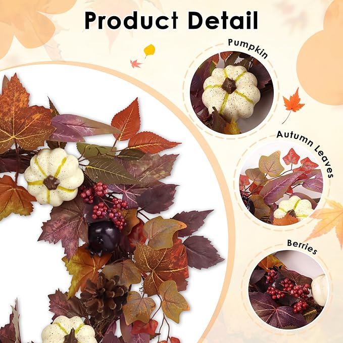 Fall Wreaths for Front Door Outside Decor, 20" Berries Brown Maple Leaves Pumpkins Wreath Decorations with Bow and Hanging Sign for Thanksgiving Home Outdoor Indoor Porch Harvest Autumn