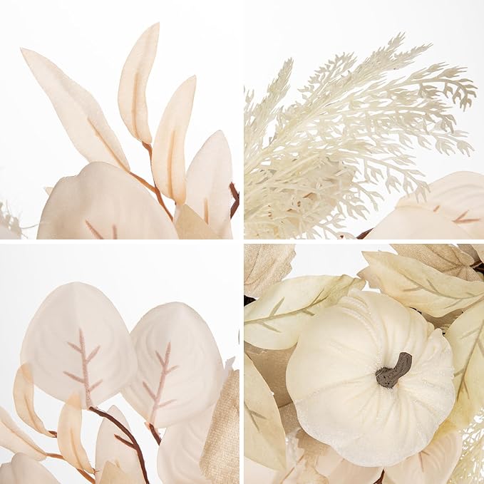 Briful 16'' Cream White Pumpkin Wreath for Fall – Rustic Autumn Front Door Wreath with Faux Leaves, Seeded Branches & Grapevine Base – Farmhouse Thanksgiving Wall Decor for Indoor, Covered Outdoor