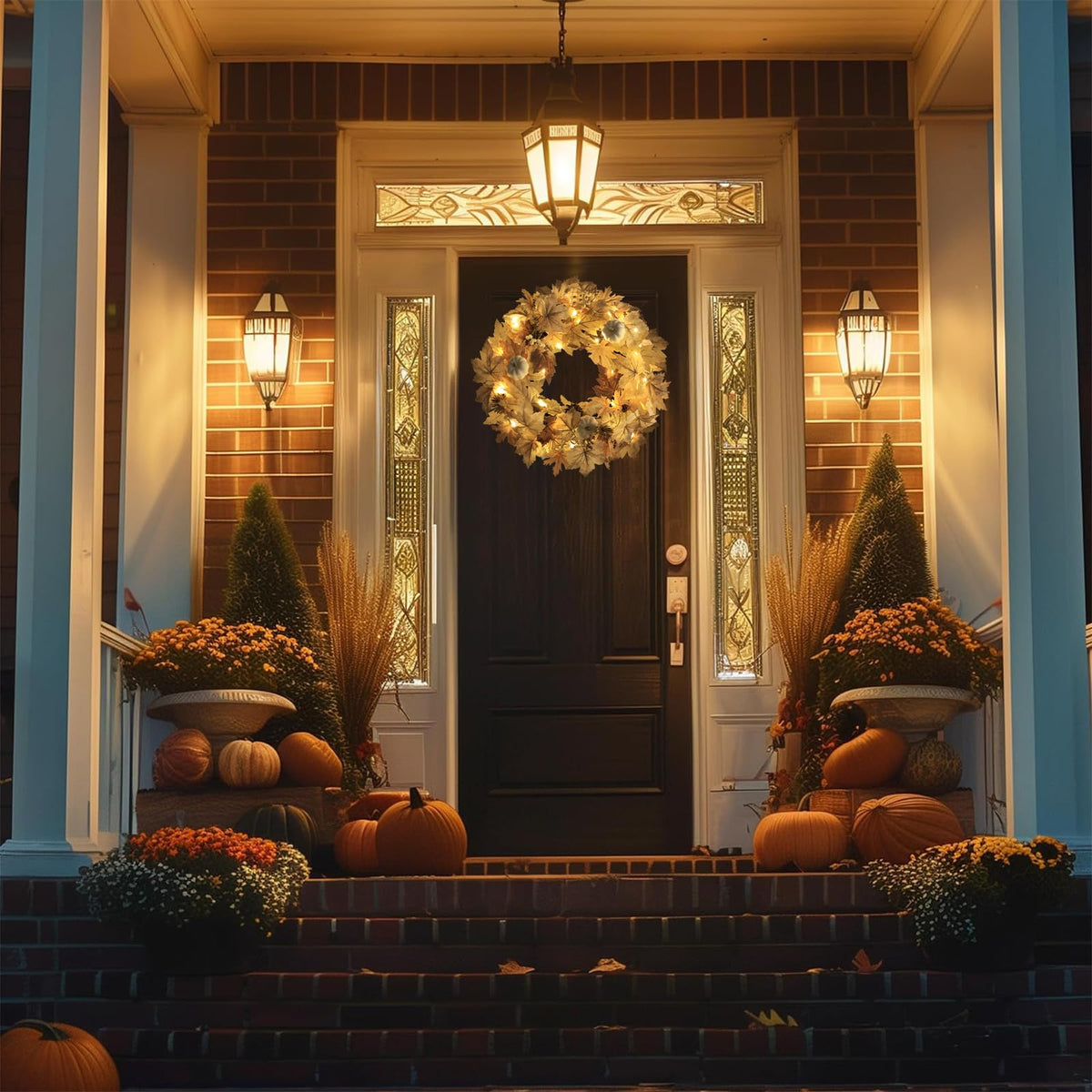 Realistic Fall Wreath with Lights, 22" Fall Wreaths for Front Door with Pumpkins Fall Leaves Berries Pine Cones,Autumn Wreath Fall Decorations for Home Thanksgiving Halloween Decorations for Wall Door
