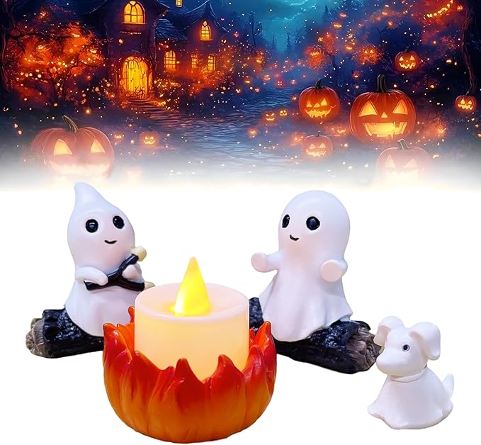 SOMITO 2025 Ghost Campfire Nightlight, Cute Halloween Ghost Figurine, Spooky Ghost Halloween Decorations, Adorable Halloween Decor Indoor for Home Mantel Tabletop Party (with Dog)