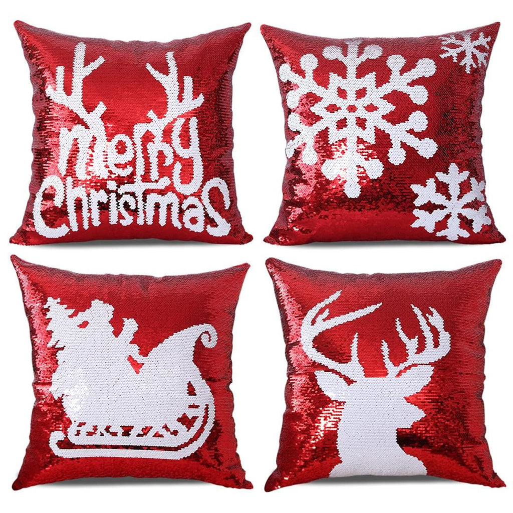 Gujiahone Bling Christmas Sequin Pillow Covers 18 x 18 Inches Set of 4 Red Reversible Sequins Pillow Case Magic Mermaid Throw Decorative Xmas Cushion Cover for Couch