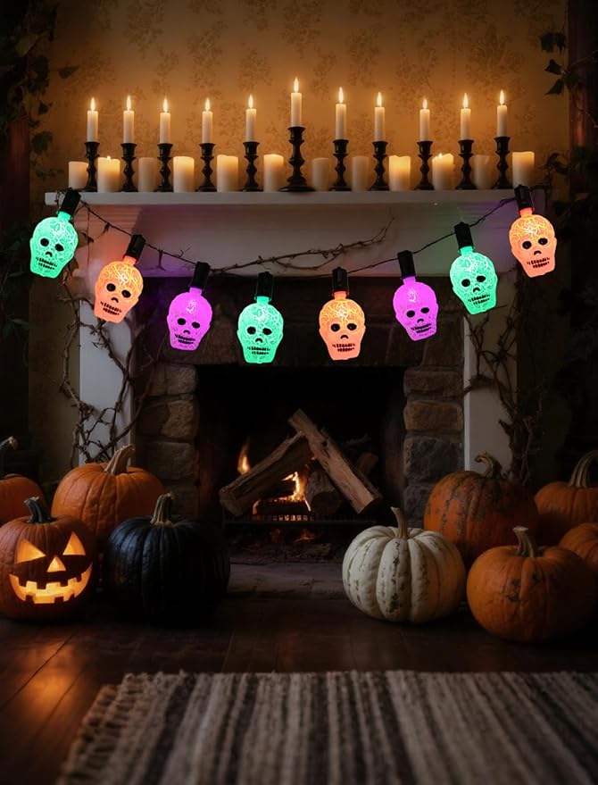 10.5ft Halloween Skull Lights Plug In, UL Certified Connectable String Lights for Outdoor Indoor Halloween Decor, Waterproof Spooky Decorations with Spare Bulb & Clips for Yard, Party, Porch