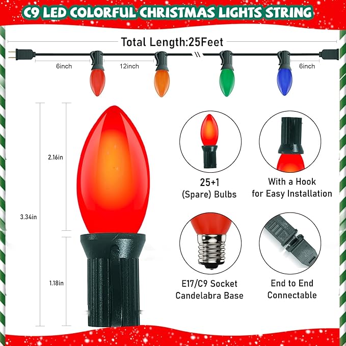 25FT C9 Christmas Lights Outdoor,Vintage Christmas Lights with 26 C9 Multicolor Shatterproof Plastic Bulbs,Connectable Multicolor LED String Light for Xmas Tree Roofline Indoor Outdoor Decor