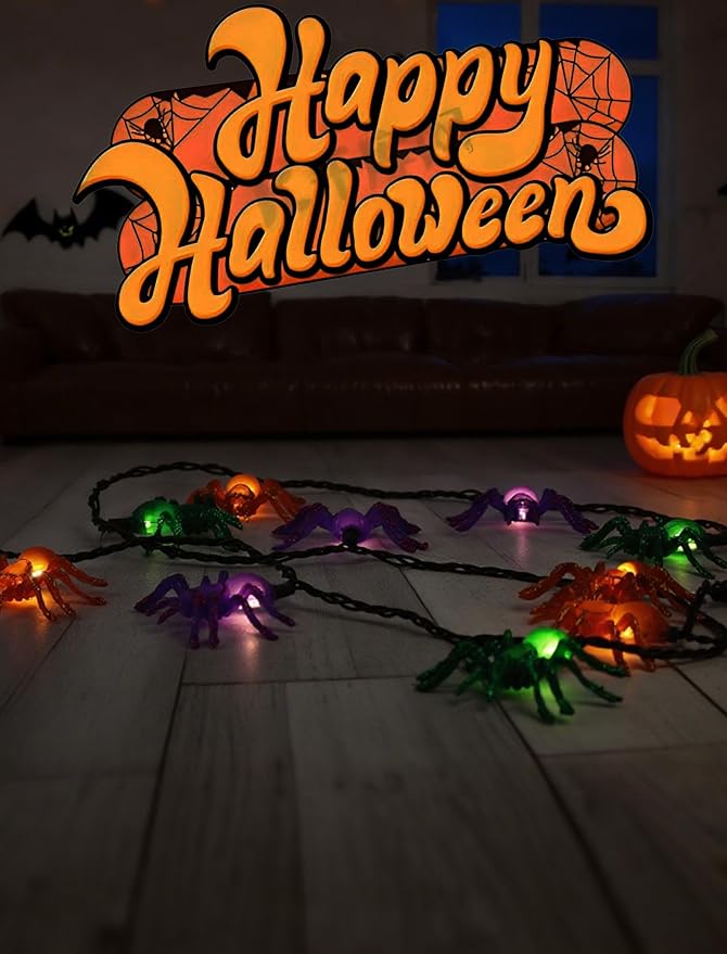 Halloween Spider Lights, 12ft 20 LED Plug in Glitter Spider String Lights, UL Certified, for Indoor Outdoor Halloween Decorations, Party, Porch, Yard