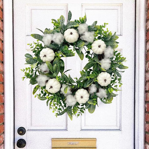 18 Inch Thanksgiving Fall Wreath for Front Door, Autumn Artificial Wreath with White Pumpkin, Cotton, Greenery Leaves for Farmhouse Home Window Wall Office Wedding Indoor Outdoor Decorations