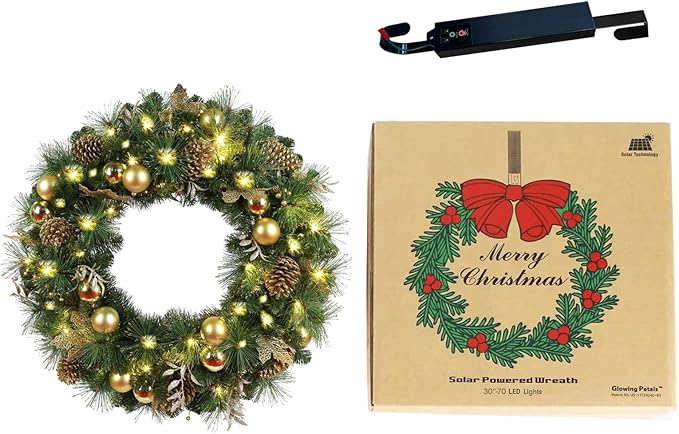 Solar Christmas Wreath 24 Inch Pre-Lit Solar 50 Led Artificial Wreath for Front Door Window Home Decor Decorated with Golden Pine Cones Christmas Balls Glitter Pine Branches (2402)