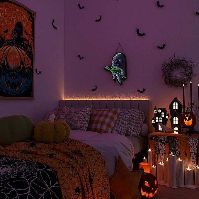 Halloween Ghost Night Lights, 3D Infinite Mirror Ghost Light with Bat, 12.2" x 16.54" LED Lighted Halloween Indoor Decoration for Kids Party Windows Doors Walls, Battery/USB & Plug-in Lights Sign