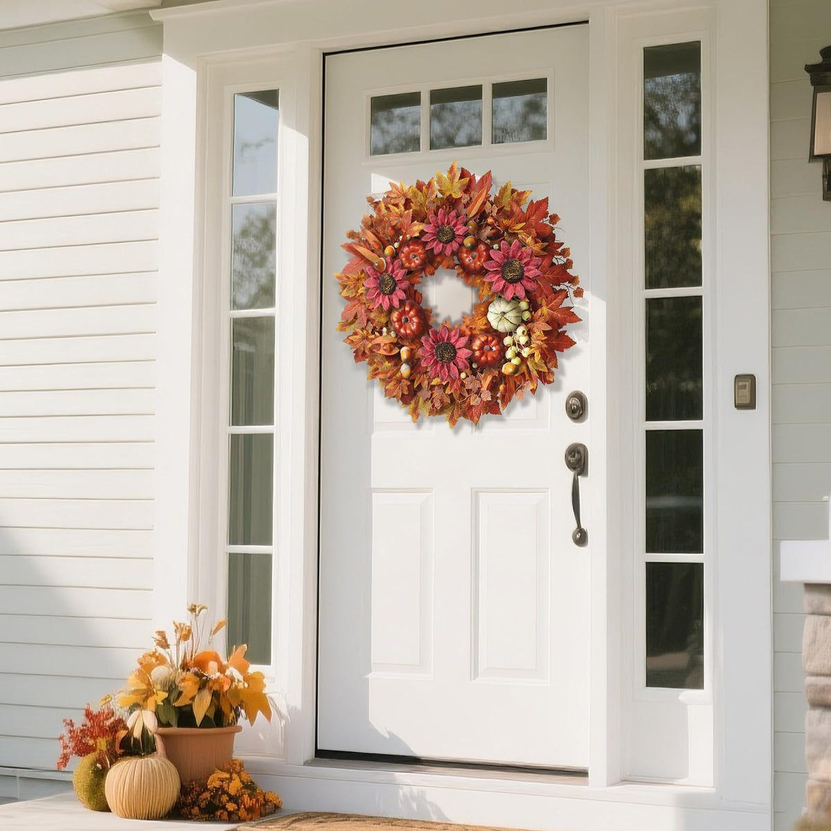 28'' Large Fall Wreath for Front Door, Porch, Window- Artificial Maple Leaves Fake Pumpkins Faux Acorns Sunflower Outdoor Autumn Wreath for Home, Farmhouse Wall Thanksgiving Day Harvest Festival Decor
