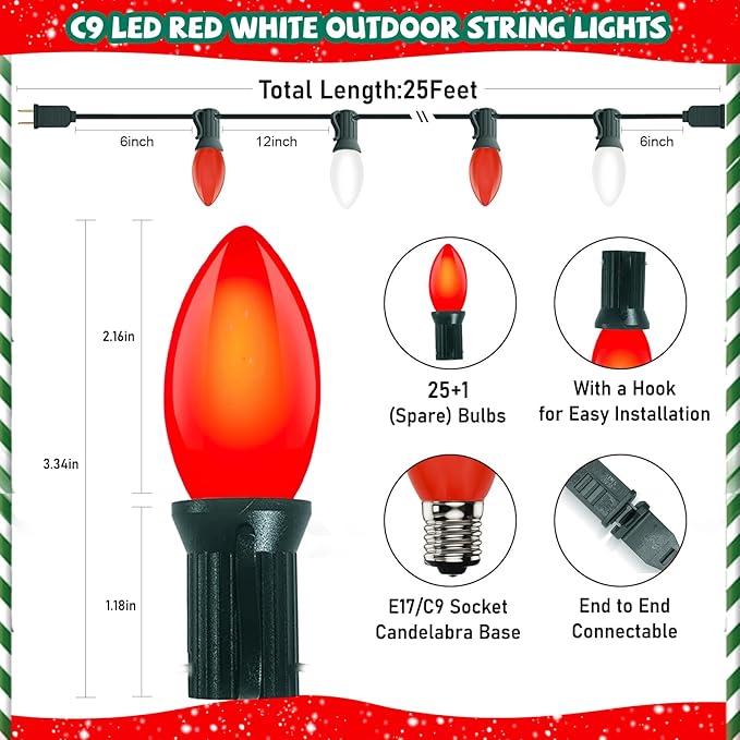 25FT Red and White LED Christmas Lights,LED Christmas Lights with 26 C9 Red White Shatterproof Plastic Bulbs,Connectable Red White String Light for Tree Roofline Indoor Outdoor Decor