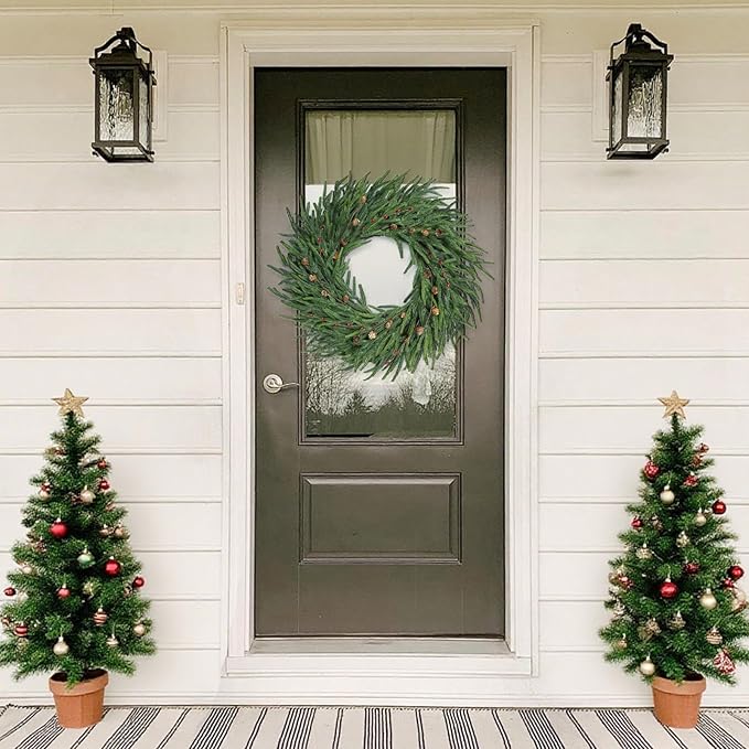 24 Inch Pine Wreath Christmas Wreaths for Front Door, Real Touch Pine Wreath with Red Berries Artificial Green Wreaths for Walls Windows Porches Farmhouse Indoor Outdoor Home Decor