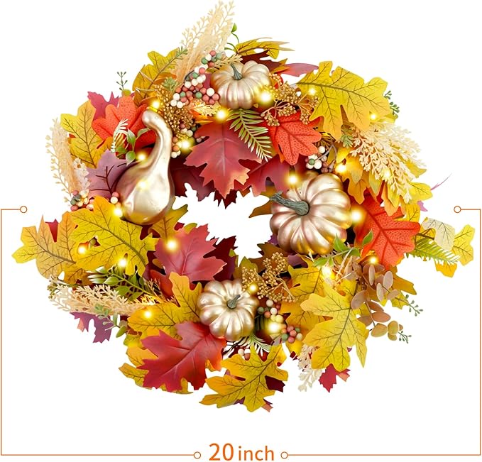 Fall Wreaths for Front Door,Sunflower Autumn Wreath with Lights,Pumpkins and Bows,for Thanksgiving Halloween Farmhouse Indoor Outdoor Outside (Golden Pumpkin)