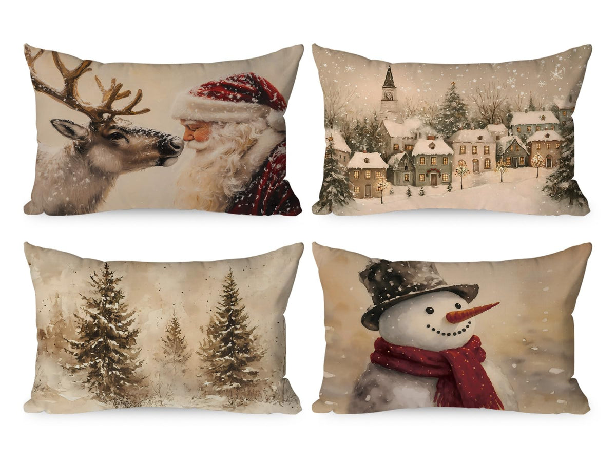 Lanpn 12x20 Christmas Throw Pillow Covers Set of 4, Snowman Santa Reindeer Lumbar Vintage Christmas Pillow Cover Pillowcase Xmas Holiday Decorative Pillow case for Indoor Home Sofa Couch Room Decor
