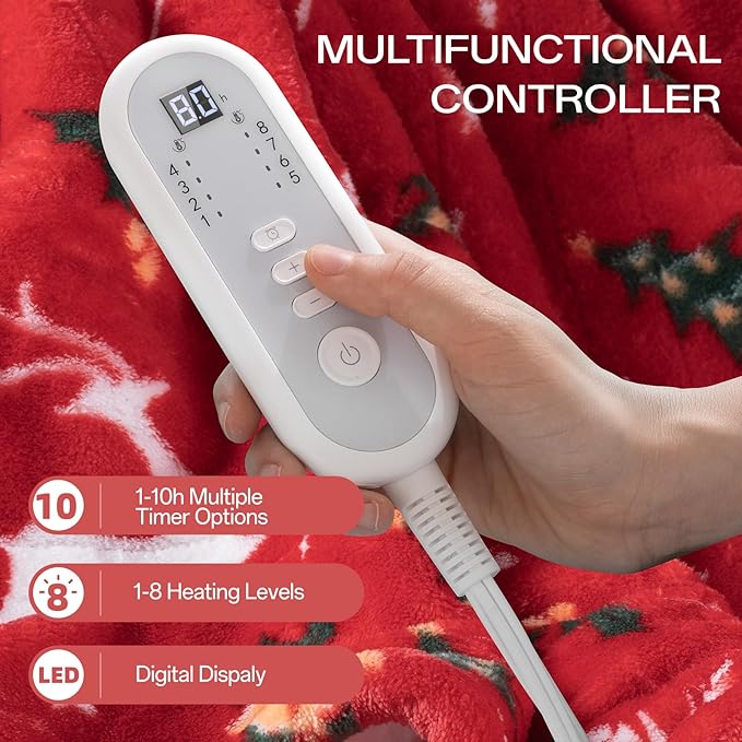 Heated Blanket Twin Size, Electric Blanket with 1-10 hrs Timer Auto-Off & 8 Heating Levels, Flannel& Sherpa Heating Blanket with ETL Certified, Christmas Blanket Gifts Machine Washable (62x 84”, Red)