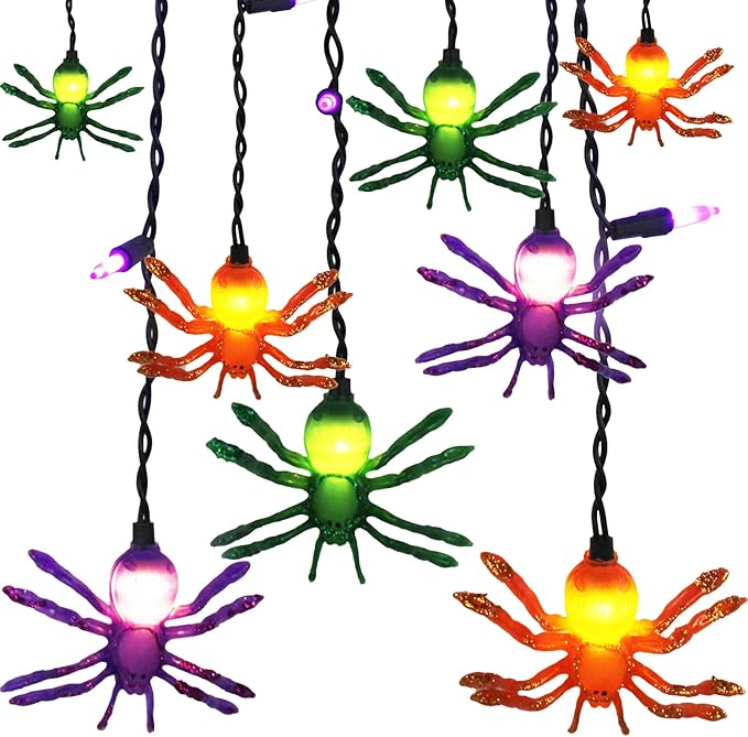 7Ft Halloween Spider String Lights, Halloween Decorations Lights with 10 LED Colorful Spider Lights 15 Mini Purple Bulbs, Hanging Fairy Lights for Outdoor Curtain Garden Porch Bar Party Bedroom Decor